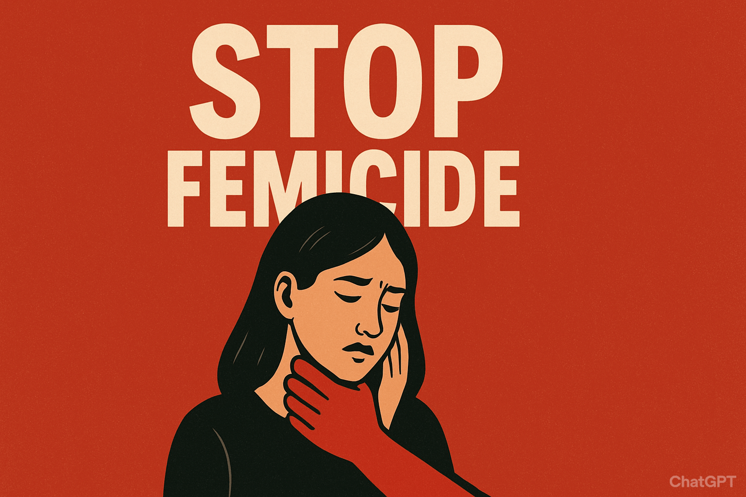 Poster met de tekst 'STOP FEMICIDE' en een vrouw die wordt vastgegrepen door een rode hand.