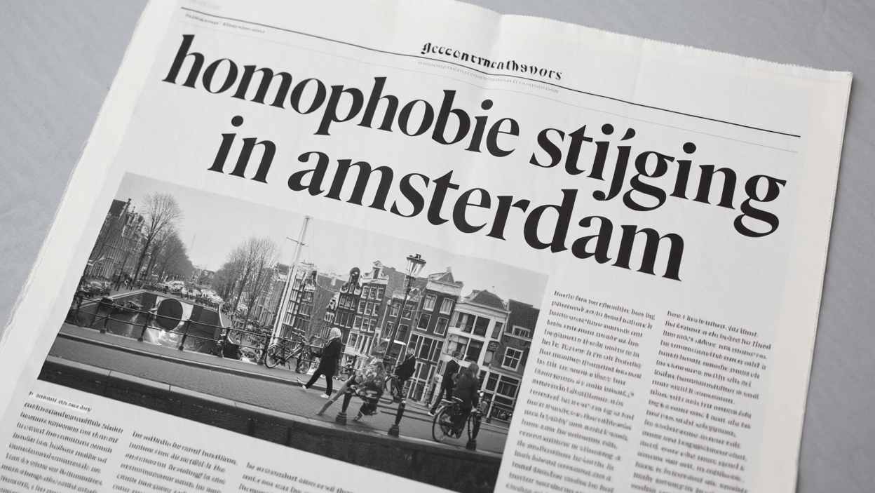 krant met het onderwerp van de text (homophoebie stijging on Amsterdam)