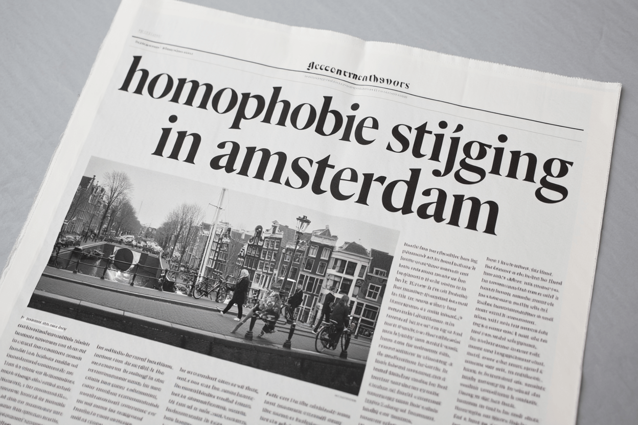 krant met het onderwerp van de text (homophoebie stijging on Amsterdam)