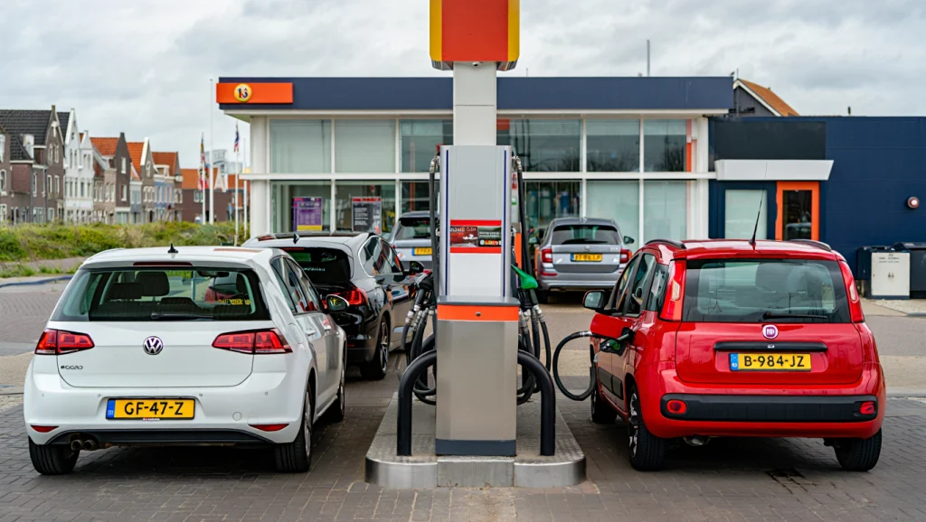 Druk tankstation in de buurt.