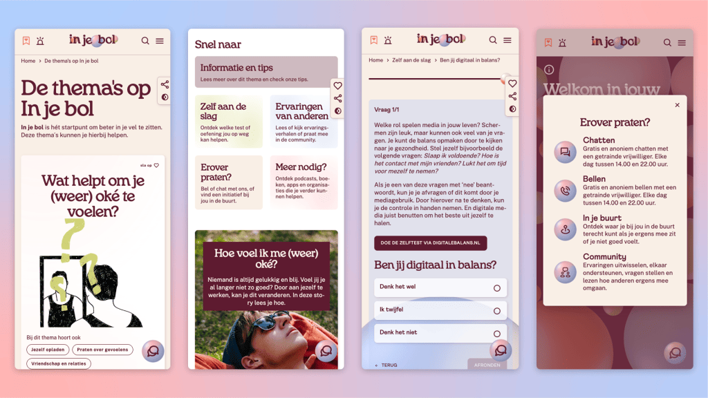 Telefoon screen shots van de website In je bol op de thema tabladen en bellen of chatten