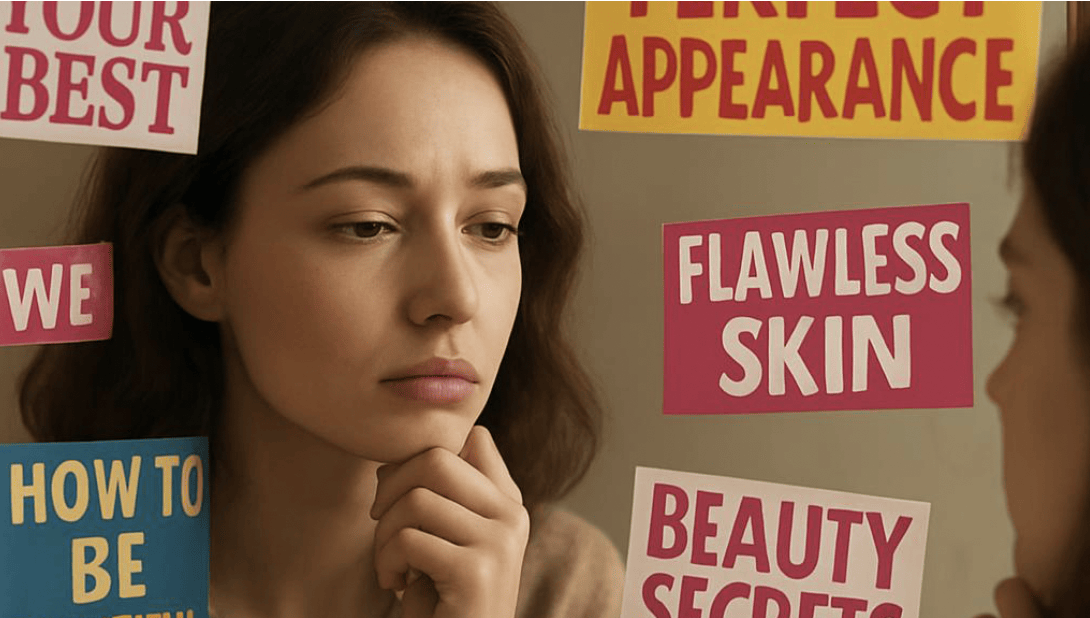 mevrouw in spiegel kijken met plaatjes hoe je mooi moet zijn