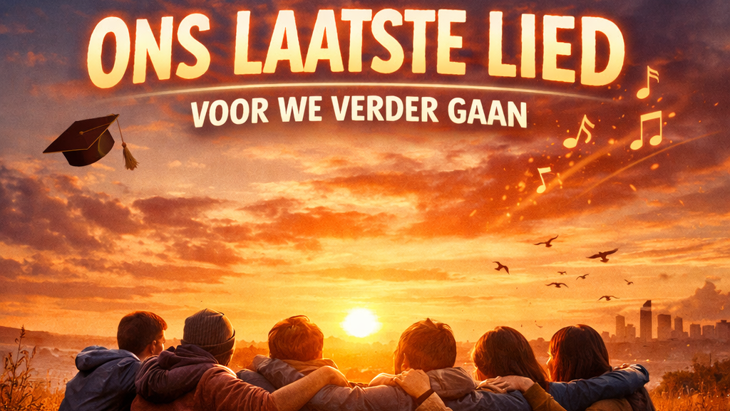 Een groep MR2B-studenten zit samen op een heuvel bij zonsondergang, met armen om elkaar heen. Op de voorgrond liggen een gitaar, koptelefoon en notitieboek met pen. In de lucht zweven muzieknoten en een afstudeermuts. Tekst bovenin: “ONS LAATSTE LIED – VOOR WE VERDER GAAN”.