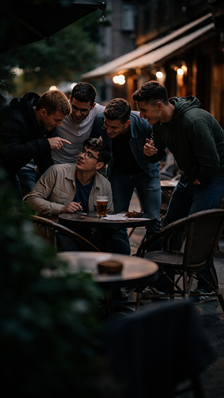Man die word lastig gevallen op het terras door een groepje jongens